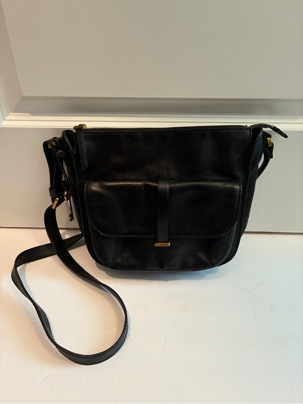 Fossil Black Leather Crossbody with Front Pocket and Gold Accents
